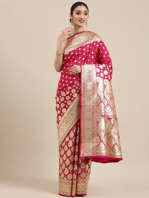 Pink woven katan silk saree with blouse 3