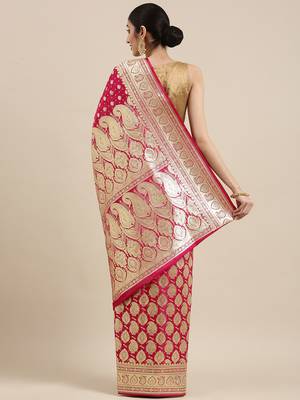 Pink woven katan silk saree with blouse 4