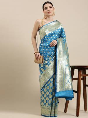Blue woven katan silk saree with blouse 1