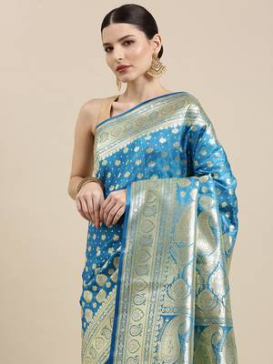 Blue woven katan silk saree with blouse 2
