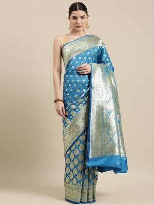 Blue woven katan silk saree with blouse 3