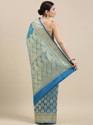 Blue woven katan silk saree with blouse 4