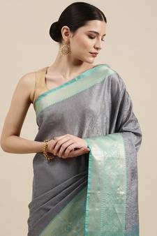 Grey woven art silk sarees saree with blouse