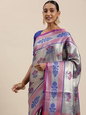 Blue woven Faux kanchipuram silk saree with blouse 1