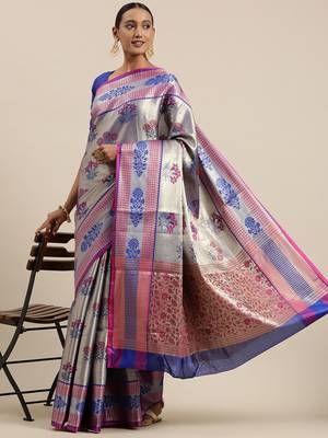 Blue woven Faux kanchipuram silk saree with blouse 2