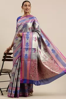 Blue woven Faux kanchipuram silk saree with blouse