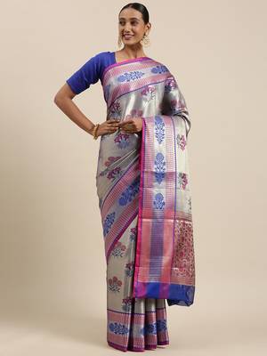 Blue woven Faux kanchipuram silk saree with blouse 3