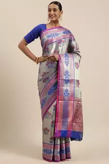 Blue woven Faux kanchipuram silk saree with blouse