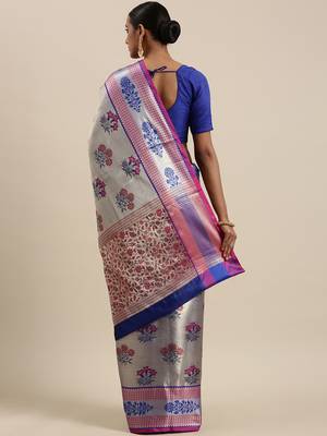 Blue woven Faux kanchipuram silk saree with blouse 4