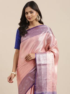 Pink woven kanchipuram silk blend saree with blouse 1