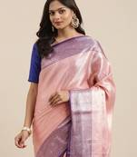 Pink woven kanchipuram silk blend saree with blouse