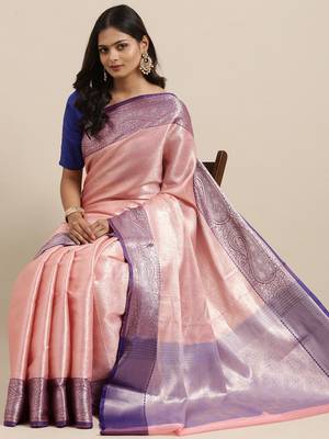 Pink woven kanchipuram silk blend saree with blouse 2