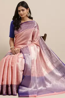 Pink woven kanchipuram silk blend saree with blouse