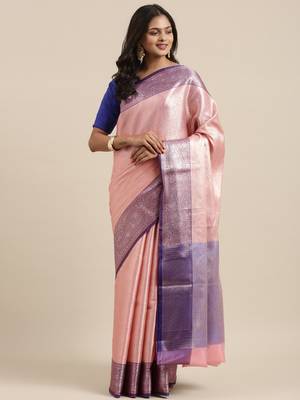 Pink woven kanchipuram silk blend saree with blouse 3