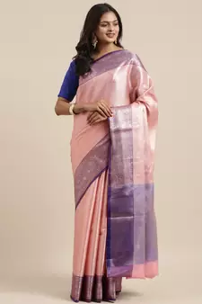 Pink woven kanchipuram silk blend saree with blouse