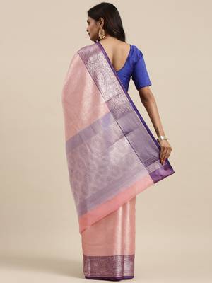 Pink woven kanchipuram silk blend saree with blouse 4