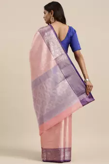 Pink woven kanchipuram silk blend saree with blouse
