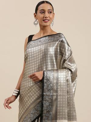 Black woven Faux kanchipuram silk saree with blouse 1