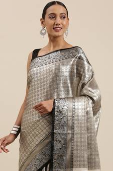 Black woven Faux kanchipuram silk saree with blouse