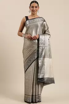 Black woven Faux kanchipuram silk saree with blouse
