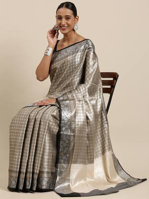 Black woven Faux kanchipuram silk saree with blouse 3