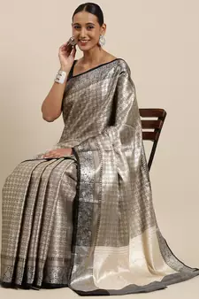 Black woven Faux kanchipuram silk saree with blouse