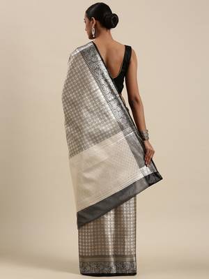 Black woven Faux kanchipuram silk saree with blouse 4