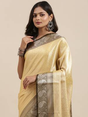Gold woven kanchipuram silk blend saree with blouse 1