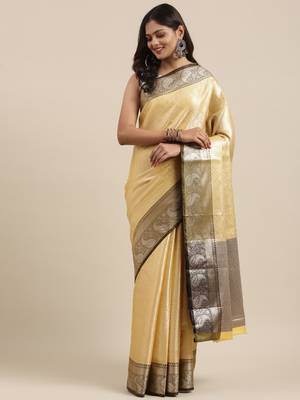Gold woven kanchipuram silk blend saree with blouse 2