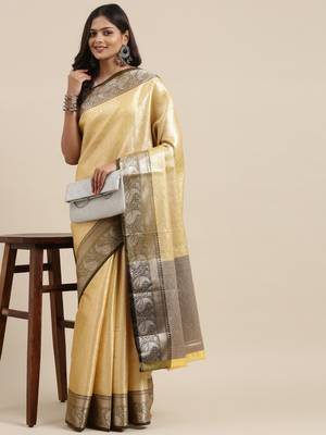 Gold woven kanchipuram silk blend saree with blouse 3