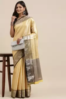 Gold woven kanchipuram silk blend saree with blouse