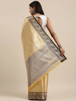 Gold woven kanchipuram silk blend saree with blouse 4