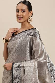 Black woven Faux kanchipuram silk saree with blouse