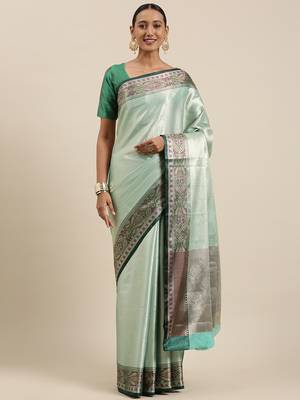 Blue woven kanchipuram silk blend saree with blouse 3