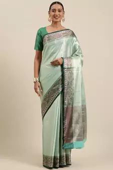 Blue woven kanchipuram silk blend saree with blouse