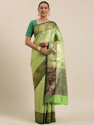 Green woven Faux kanchipuram silk saree with blouse 2