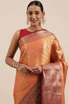 Peach woven Faux kanchipuram silk saree with blouse