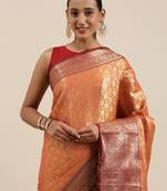 Peach woven Faux kanchipuram silk saree with blouse