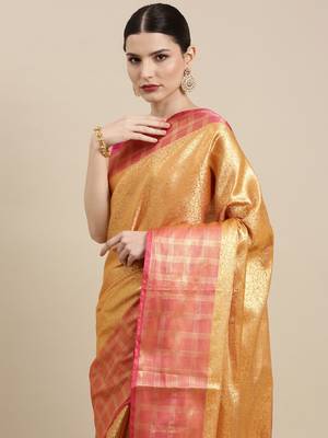 Gold woven kanchipuram silk blend saree with blouse 2