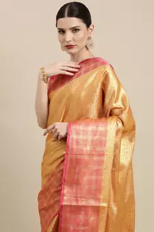 Gold woven kanchipuram silk blend saree with blouse