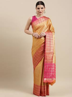 Gold woven kanchipuram silk blend saree with blouse 1