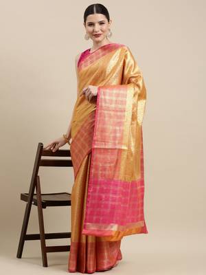 Gold woven kanchipuram silk blend saree with blouse 3
