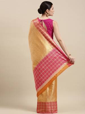 Gold woven kanchipuram silk blend saree with blouse 4