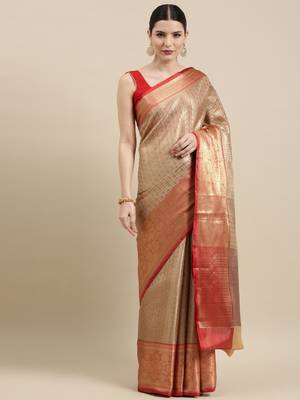 Beige woven kanchipuram silk saree with blouse 2