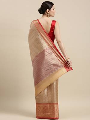 Beige woven kanchipuram silk saree with blouse 3