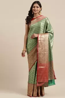 Green woven kanchipuram silk blend saree with blouse