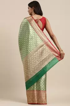 Green woven kanchipuram silk blend saree with blouse