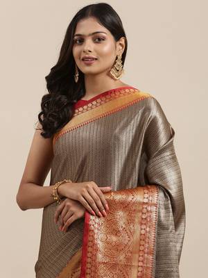 Black woven Faux kanchipuram silk saree with blouse 1