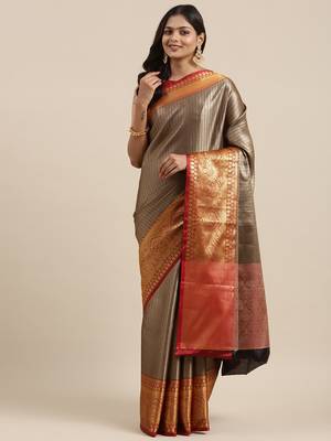 Black woven Faux kanchipuram silk saree with blouse 3