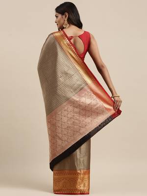 Black woven Faux kanchipuram silk saree with blouse 4